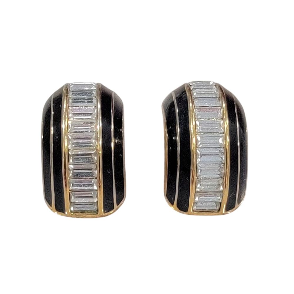 Christian Dior Black Enamel Gold Baguette Crystal Half Hoop Clip-On Earrings VTG